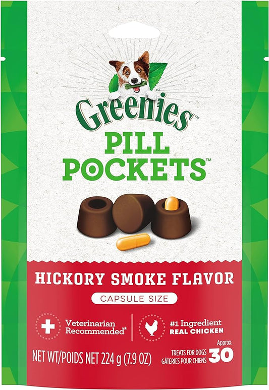 GREENIES PILL POCKETS for Dogs Capsule Size Natural Soft Dog Treats, Hickory Smoke Flavor, 7.9 oz. Pack (30 Treats)