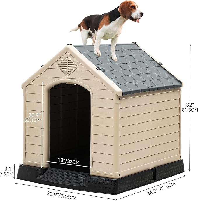 YITAHOME 34.5'' Large Plastic Dog House Outdoor Indoor Doghouse Puppy Shelter Water Resistant Easy Assembly Sturdy Dog Kennel with Air Vents and Elevated Floor (34.5''L*31''W*32''H, Gray+Brown)