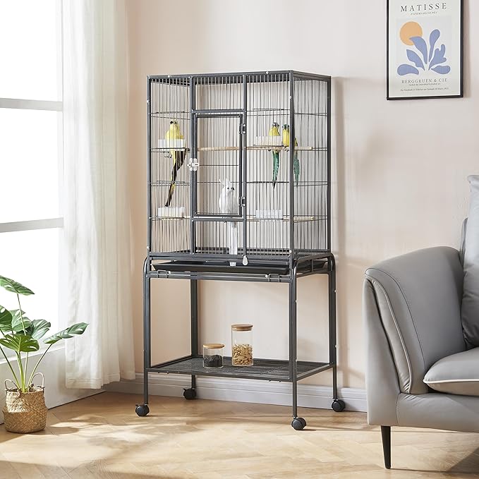 Panana Large Budgie Cage Metal Bird Cage with Stand Rolling Parrot Cage for Cockatiels African Grey Conures Parakeets Lovebird Finch Canary Bird Flight Cage for Small Pet Animals (53 Inch Height)