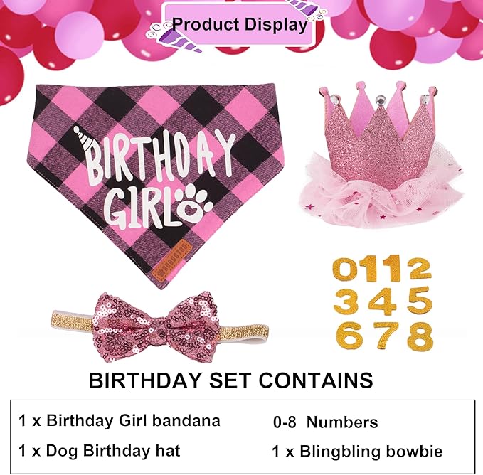ADOGGYGO Cat Birthday Party Supplies, Birthday Girl Plaid Cat Bandana Cute Cat Bowtie, Cat Birthday Hat with Numbers, Pet Birthday Outfit for Cat Kitten (Pink)