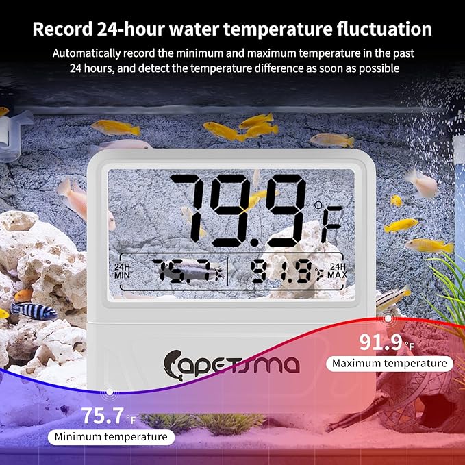 Digital Aquarium Thermometer, capetsma Fish Tank Thermometer Records The Highest & Lowest Temp in 24 hrs, Accurate Temperature Gauge for Fish Tank, Large LCD Screen, C/F Switch.