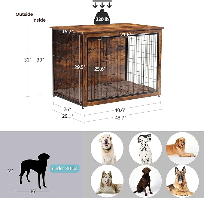 DWANTON Dog Crate Furniture with Cushion, XL Wooden Dog Crate with Double Doors, Large Dog Crate Furniture, Dog Kennel Indoor, Extra Large, 43.3" L, Rustic Brown