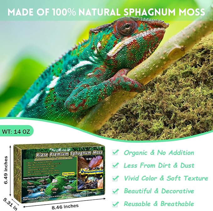 14 OZ Premium Sphagnum Moss for Reptiles- 20QT Natural Live Moss Reptile Moss Bedding for Terrarium, Hatching, Forest Sphagnum Moss Reptile Substrate for Snakes, Gecko, Turtles, Frogs, Leopard