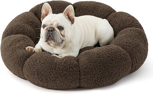 Lesure Calming Medium Dog Bed - Flower Donut Round Fluffy Puppy Bed in Plush Teddy Sherpa, Non-Slip Cute Flower Cat Bed for Indoor Cat, Medium Pet Bed Fits up to 45 lbs, Machine Washable, Espresso 30"