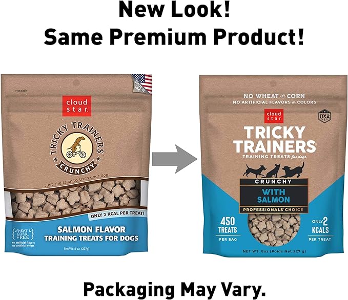 Cloud Star Tricky Trainers Crunchy Dog Training Treats 8 oz Pouch, Salmon Flavor, Low Calorie Behavior Aid with 450 treats