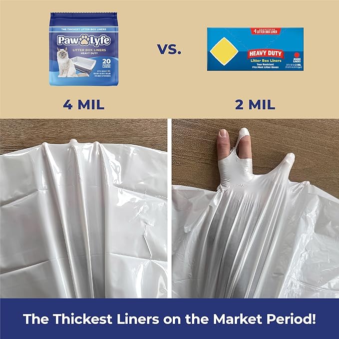 PawLyfe Litter Box Liners: Heavy Duty - Thickest Litter Liner on the Market 4MIL - Tear & Leak Resistant - Drawstring Close - Jumbo, 36” x 18” - 20 Count Jumbo Size Draw String Litter Liners for Cats