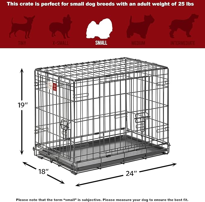 MidWest Homes for Pets Small Dog Crate, Life Stages 24' Double Door Folding Metal Dog Crate | Divider Panel, Floor Protecting Feet, Leak-Proof Dog Pan| 24L x 18W x 19H Inches, Small Dog Breed