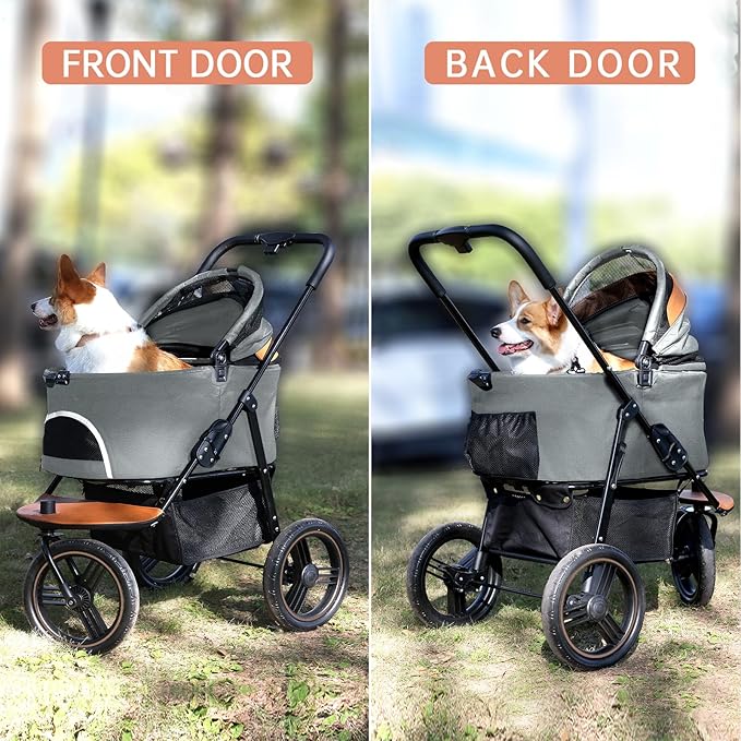 Dog Stroller for Medium Small Dogs, 3 in1 Pet Stroller Zipperless Dog Cat Jogger Stroller 3 Wheels with Detachable Dog Carriage, Storage Basket and One-Button Folding Frame for Pets Walk-Gray