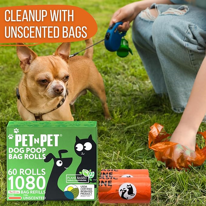 Pet N Pet 1080 Counts Orange Poop Bags for Dogs, 38% Plant Based & 62% PE Extra Thick Dog Poop Bags Rolls, 9" x 13" Unscented Dog Bags for Poop, Doggy Poop Bags, Cat Poop Bags, Dog Waste Bags