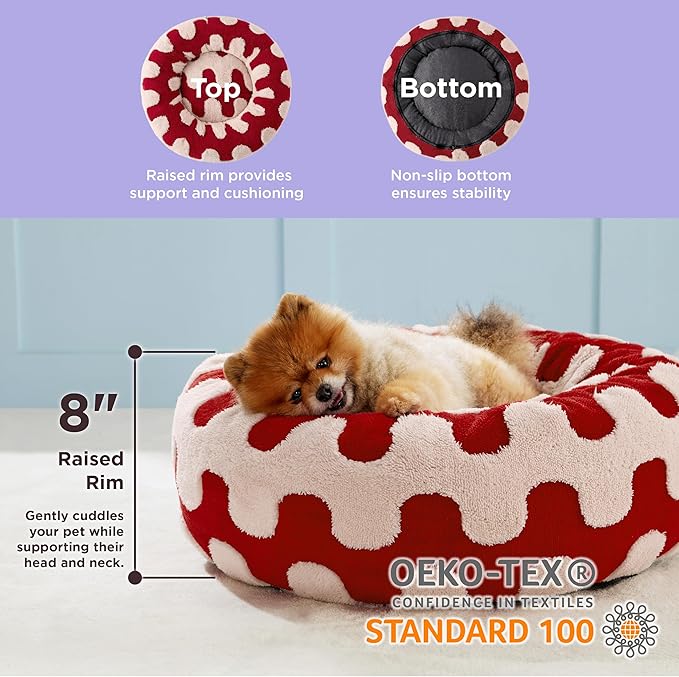 Lesure Donut Small Dog Bed - Round Cat Beds for Indoor Cats Anti-Anxiety Calming Pet Beds, Washable Cute Modern Beds with Teddy Sherpa Plush & Anti Slip Bottom Red