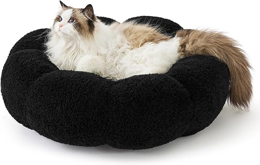 Lesure Calming Cat Beds for Indoor Cats - Cute Flower Pet Beds in Teddy Sherpa Plush, Donut Round Fluffy Puppy Bed, Non-Slip Extra Small Dog Bed Fits up to 15 lbs, Machine Washable, Black 20"