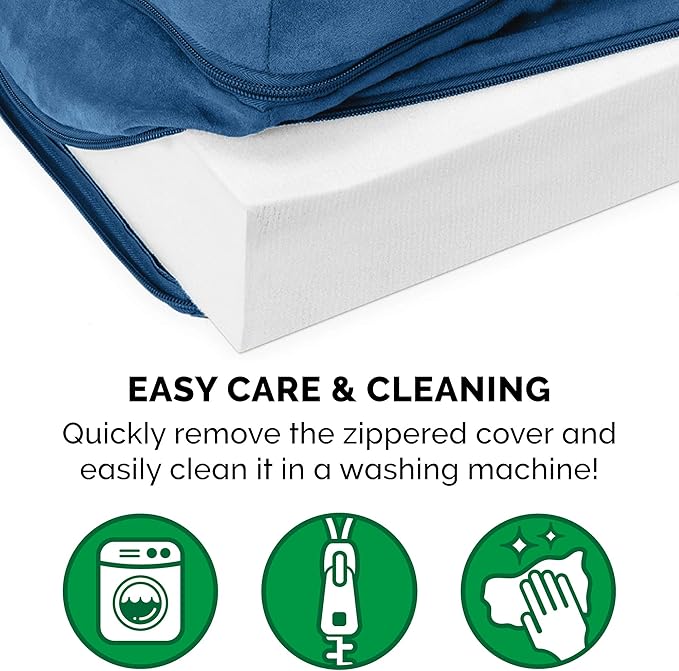 Furhaven Orthopedic Dog Bed for Large Dogs w/ Removable Bolsters & Washable Cover, For Dogs Up to 125 lbs - Two-Tone Plush Faux Fur & Suede L Shaped Chaise - Marine Blue, Jumbo Plus/XXL