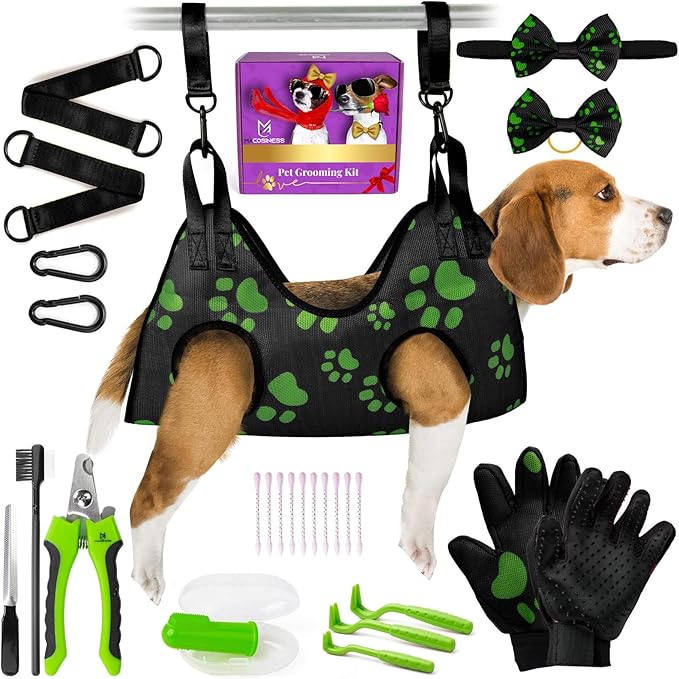 Pet Grooming Hammock for Nail Trimming - Complete Groomers Helper Set for Pet - Dog Grooming Hammock with Hook - Cat Nail Clipper - Dog Hammock for Nail Clipping (M, Black with lime paws)