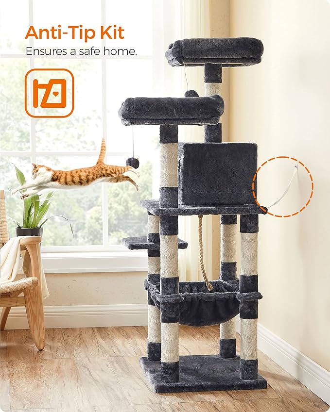 FEANDREA Cat Tree, Cat Tower for Indoor Cats, 56.3-Inch Cat Condo with Scratching Posts, Hammock, Plush Perch, Smoky Gray UPCT15GYZ