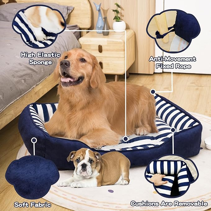Dog Beds Large Sized Dog, Large Dog Beds with Orthopedic Memory Foam Dog Beds, Pet Beds for Large Dogs, Dog Bed with Removable Washable Cover, Blue & White Color, L, 40" L X 31" W X 6" Th