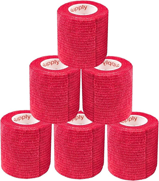 2 Inch Vet Wrap Tape Bulk (Red) (Pack of 6) Self Adhesive Adherent Adhering Flex Bandage Grip Roll for Dog Cat Pet Horse