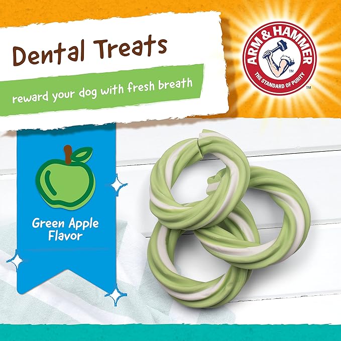 Arm & Hammer for Pets Ringers Dental Treats for Dogs Dog Dental Chews Fight Bad Breath & Tartar Without Brushing Fruity Green Apple Flavor Dog,Dental Dog Chews Value Bucket(Pack of 1,32 Count)