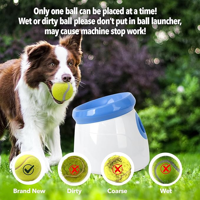 PetPrime Dog Automatic Ball Launcher Dog Interactive Toy Dog Fetch Toy Pet 2'' Thrower Throwing Game 3 Tennis Balls Tennis Mini Size Ball Launcher for Dogs Included Launch Distance 10-30ft