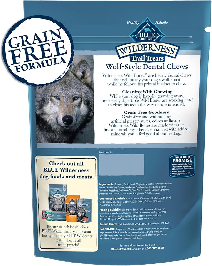 Blue Buffalo Wilderness Wild Bones Grain-Free Dental Chews Dog Treats, Medium, 27-oz Bag