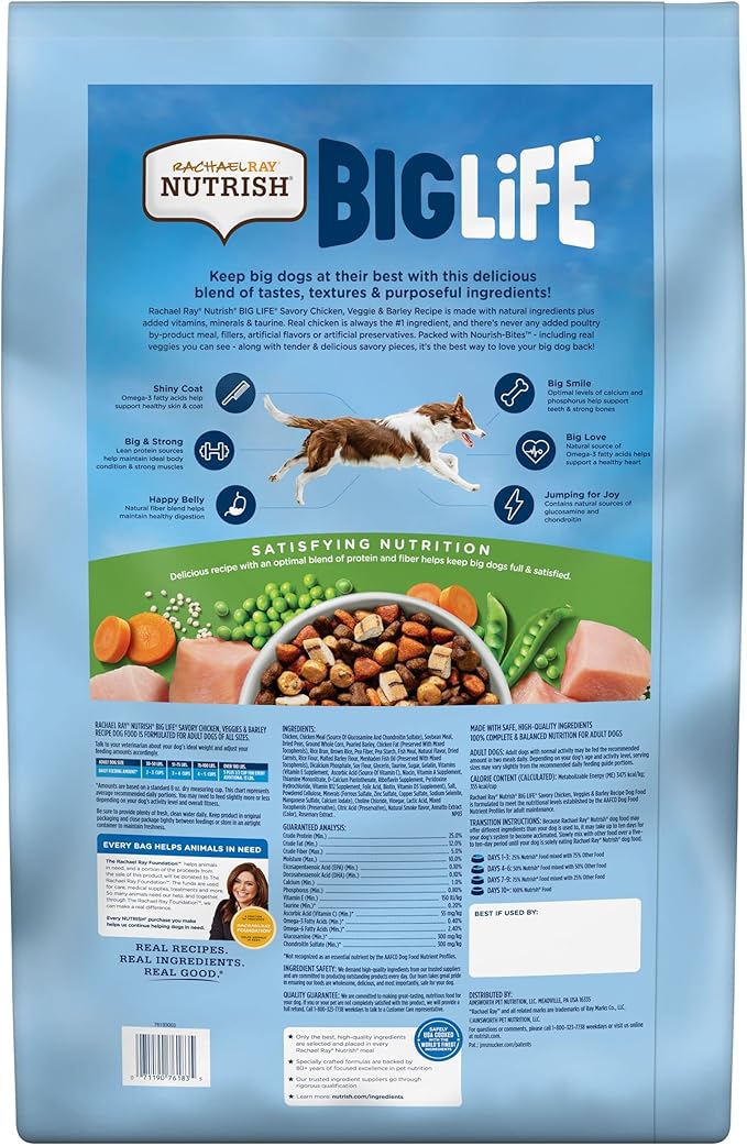 Rachael Ray Nutrish Big Life Dry Dog Food, Medium & Large Breed, Savory Chicken, Barley & Veggies, 40 Pounds