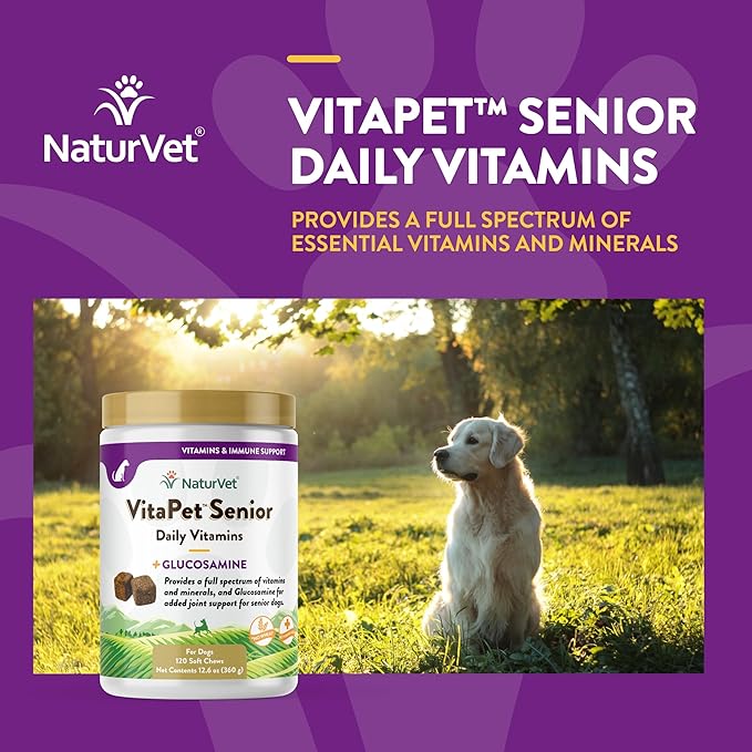 NaturVet VitaPet Senior Daily Vitamin Dog Supplements Plus Glucosamine – Includes Full-Spectrum Vitamins, Minerals – Joint Support for Older, Active Dogs – 120 Ct. Soft Chews