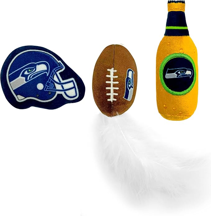 BEST PLUSH CAT TOY - NFL SEATTLE SEAHAWKS Complete Set of 3 piece Cat Toys filled with Fresh Catnip. Includes: 1 Helmet Cat Toy, 1 Football Cat Toy with Feathers & 1 Beer Bottle. Beautiful Team LOGOS