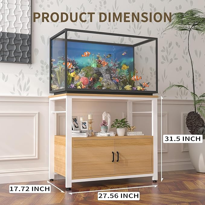 Fish Tank Stand Metal Aquarium Stand with Cabinet Accessories Storage 40-50 Gallon, Double Layer Metal with Storage Weight Capacity 760lbs, White Walnut Brown