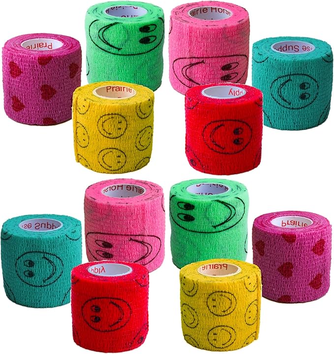 2 Inch Vet Wrap Tape Bulk (Smile Pattern in Yellow, Red, Teal, Neon Green, Neon Pink and Pink with Red Heart Pattern) (Pack of 24) Self Adhesive Adherent Adhering Flex Bandage Grip Roll Dog Cat