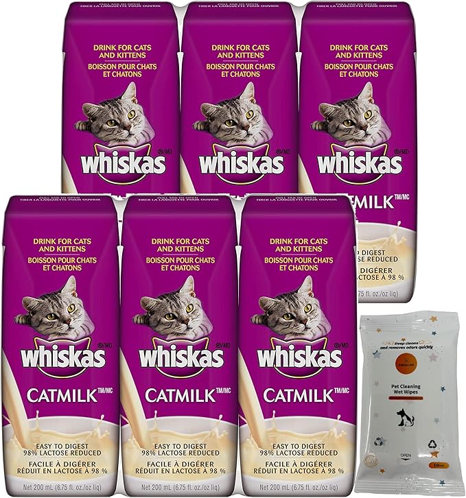 Bundle Pack (6) Whiskas Catmilk Drink for Cats and Kittens (6.75 fl oz) with AuroraPet Wipes