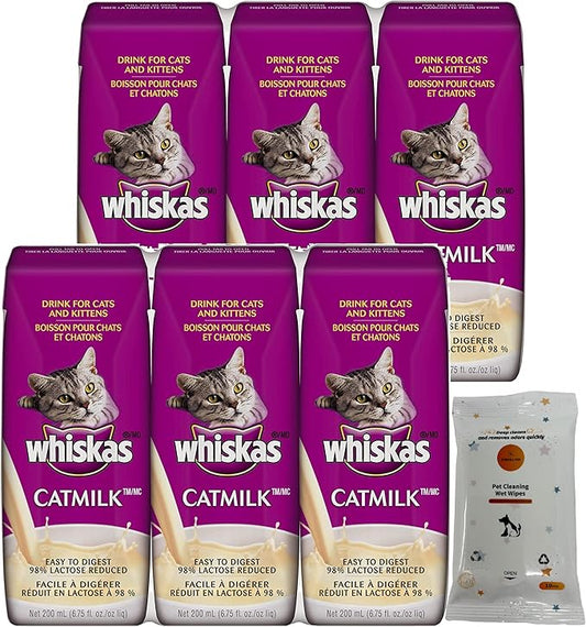 Bundle Pack (6) Whiskas Catmilk Drink for Cats and Kittens (6.75 fl oz) with AuroraPet Wipes