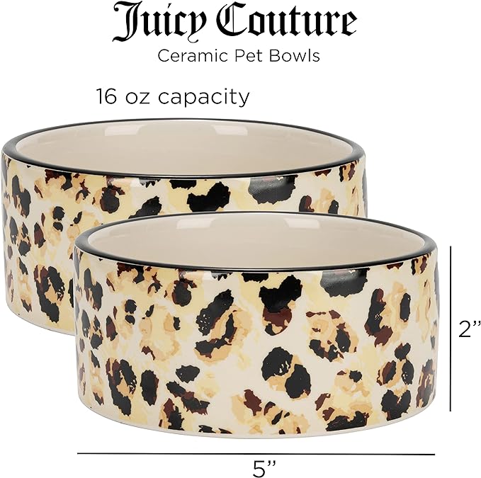 Juicy Couture Dog Bowl Set – 2 Piece 16oz Ceramic Dog Bowls, Dishwasher Friendly, Slip & Scratch Resistant Dog Water Bowl, Pet Feeder for Small & Medium Puppy (Leopard)
