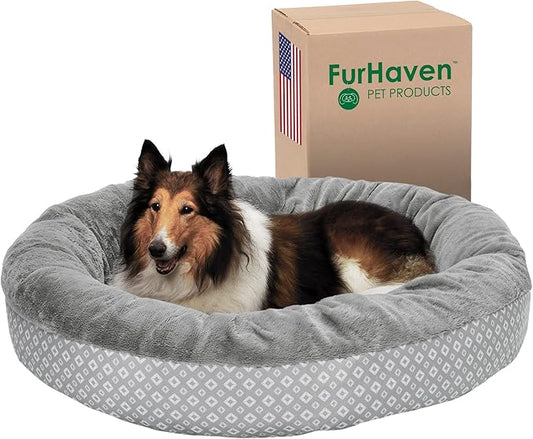 Furhaven 45" Round Donut Dog Bed for Large Dogs, Refillable w/ Removable Washable Cover, For Dogs Up to 90 lbs - Plush & Diamond Print Donut Bed - Gray, Jumbo/XL, 45.0"L x 45.0"W x 9.0"Th
