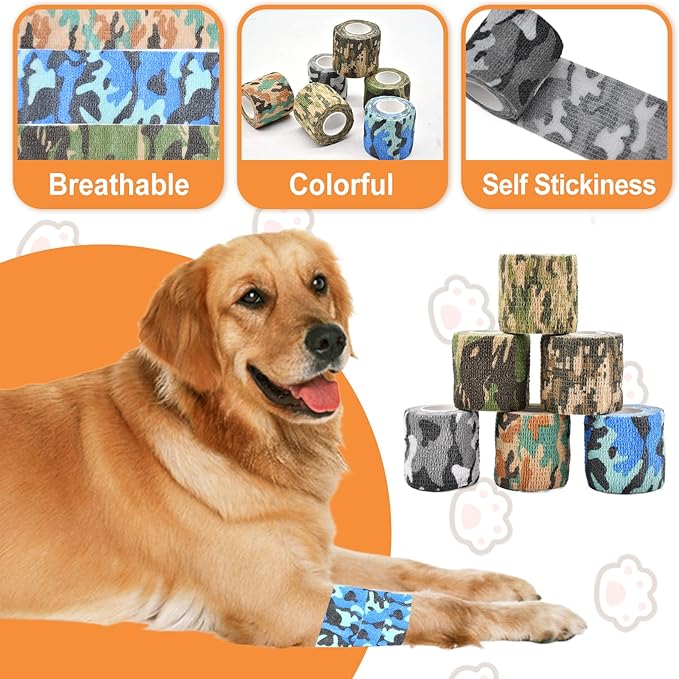6 Roll 2 Inch x 5 Yards Camo Pet Vet Wrap for Dogs Cats, Cohesive Bandages in Bulk, Camouflage Non-Woven Self Adhesive Bandages Wrap Roll for Pet Animals Wound Care Ankle Sprains and Swelling
