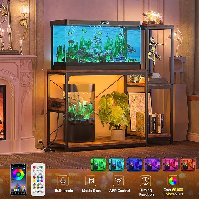 20-29 Gallon Fish Tank Stand with Power Outlet & LED Light, Reversible Wood Aquarium Stand with Shelves for Fish Tank Accessories Storage, Metal Frame, Turtle/Reptile Tank Stand, Rustic Brown