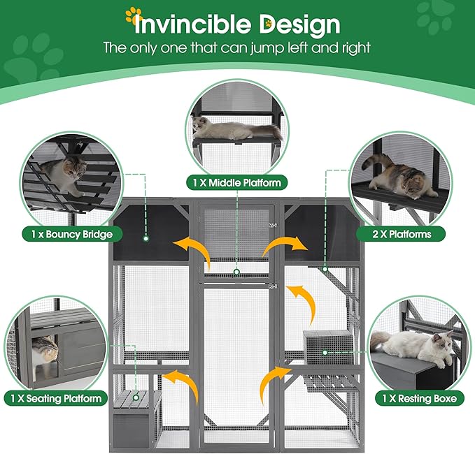 68 Inch Wooden Catio Outdoor Cat Enclosure w/Napping Houses, Luxury Kitty-House with Jumping Platforms & Weatherproof Asphalt Roof, Walk-in Kitty Kennel Condo Shelter