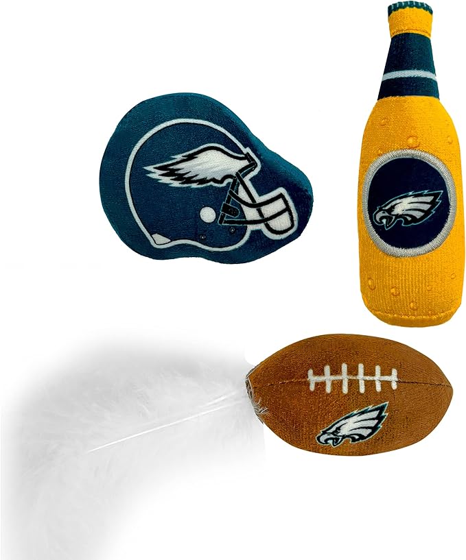 BEST PLUSH CAT TOY NFL PHILADELPHIA EAGLES Complete Set of 3 piece Cat Toys filled with Fresh Catnip. Includes: 1 Helmet Cat Toy, 1 Football Cat Toy with Feathers & 1 Beer Bottle. Beautiful Team LOGOS