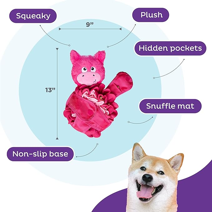 Outward Hound Nina Ottosson Snuffle Palz Interactive Plush Dog Puzzle and Snuffle Mat for Dogs, Non-slip Snuffle Mat, Dog Enrichment Toys, Plush, Pig, Pink, Large