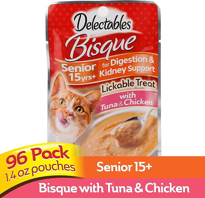 Hartz Delectables Bisque Lickable Wet Cat Treats for Adult & Senior Cats, Senior 15+ Tuna & Chicken, 12 Count (Pack of 8)