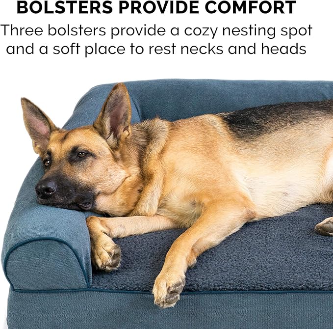 Furhaven Memory Foam Dog Bed for Large Dogs w/ Removable Bolsters & Washable Cover, For Dogs Up to 95 lbs - Sherpa & Chenille Sofa - Orion Blue, Jumbo/XL