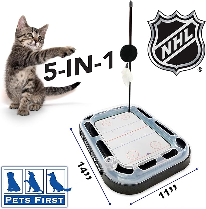 Pets First Cat Scratching Toy NHL Los Angeles Kings Hockey Field Cat Scratcher Tiy with Interactive Cat Ball Bell in Tracks. 5-in-1 CAT Toy