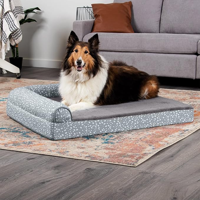 Furhaven Cooling Gel Dog Bed for Large Dogs w/ Removable Bolsters & Washable Cover, For Dogs Up to 95 lbs - Plush & Almond Print L Shaped Chaise - Gray Almonds, Jumbo/XL