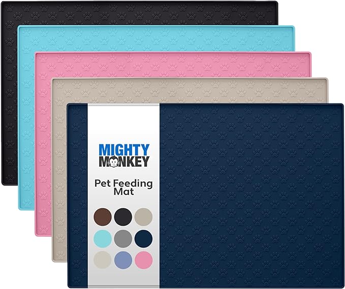 MIGHTY MONKEY 100% Waterproof Dog Food Mat, Raised Edges Silicone Pet Feeding Placemat for Cat, Dogs, Pet Bowls, High Lipped Tray Prevents Water Spills, Food on Floor, Dishwasher Safe, 18x12, Navy