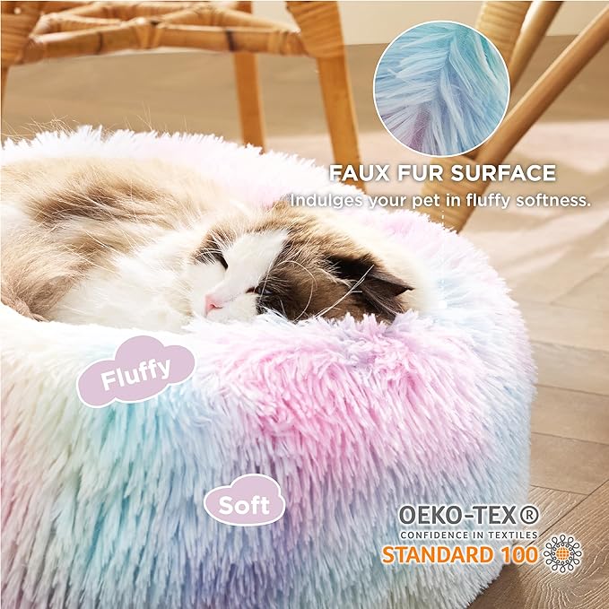 Bedsure Calming Cat Bed for Indoor Cats - Small Washable Round Cat Bed, Anti-Slip Fluffy Plush Faux Fur Pet Bed, Fits up to 15 lbs Pets, Multi-Colored, 20 inches