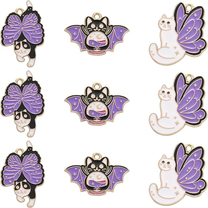 KitBeads 15pcs Enamel Butterfly Cat Charms Mixed Styles Purple Kitten Charms Halloween Bat Tarot Cat Charms for Jewelry Making Bracelets Bulk
