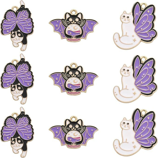 KitBeads 15pcs Enamel Butterfly Cat Charms Mixed Styles Purple Kitten Charms Halloween Bat Tarot Cat Charms for Jewelry Making Bracelets Bulk