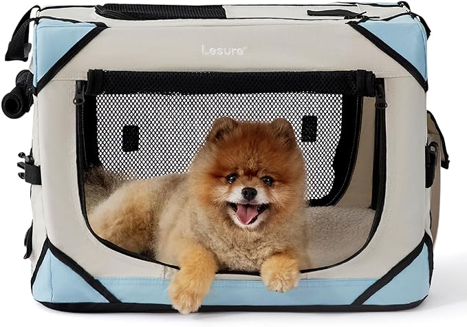 Lesure Collapsible Dog Crate - Portable Dog Travel Crate Kennel for Extra Small Dog, 4-Door Pet Crate with Durable Mesh Windows, Indoor & Outdoor (Beige)