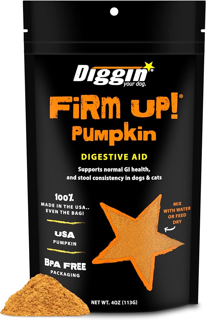 Diggin’ Your Dog Firm Up Pumpkin for Dogs & Cats, 100% Made in USA, Pumpkin Powder for Dogs, Digestive Support, Apple Pectin, Fiber, Healthy Stool, 4 oz