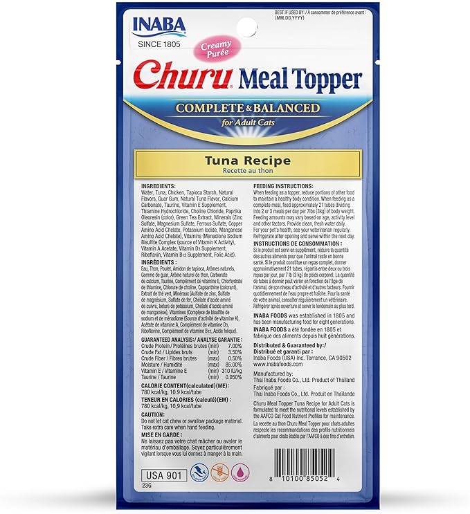 INABA Churu Meal Topper for Cats, Complete & Balanced, Creamy, Lickable Purée Cat Food Topper, 0.5 Ounce Tube, 24 Tubes (4 per Pack), Tuna Recipe