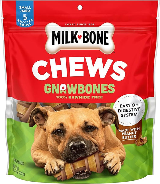 Milk-Bone Chews GnawBones Rawhide Free Dog Treats, Peanut Butter & Chicken, 5 Long Lasting Small/Medium Knotted Bones