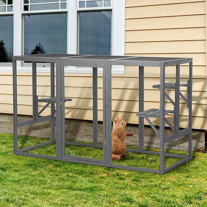 72.5 Inch Wooden Catio Outdoor Cat Enclosure, Luxury Kitty-House with Jumping Platforms & Weatherproof Asphalt Roof, Walk-in Kitty Kennel Condo Shelter